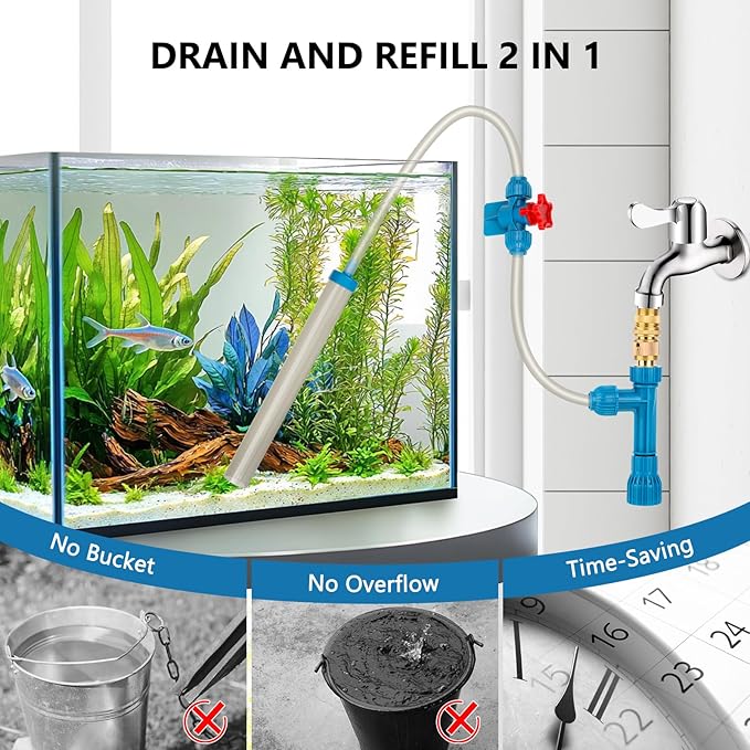 fishkeeper 50FT Aquarium Gravel Vacuum Water Changer - Flow Adjustable Faucet Universal Siphon Quick Pump with 6 Adapters, Bucket-Free Fish Tank Cleaning Tools for Drain & Fill (2025 New)