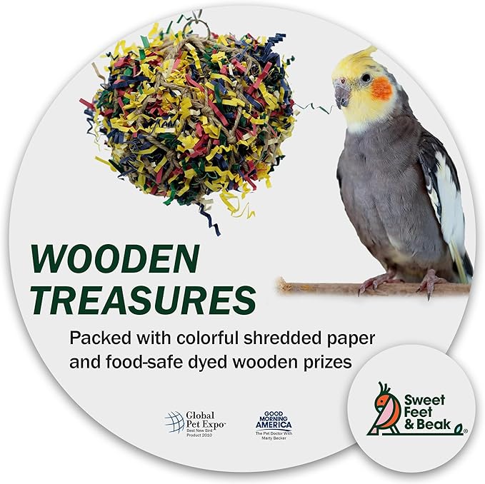 3” Super Shredder Ball Bird Toy - Fun Foraging Toys for Birds w/ Colorful Paper & Wooden Treasures - Easy to Hang Shredding Toys for Birds - Bird Shredding Toys for Cockatiels, Parrots & More