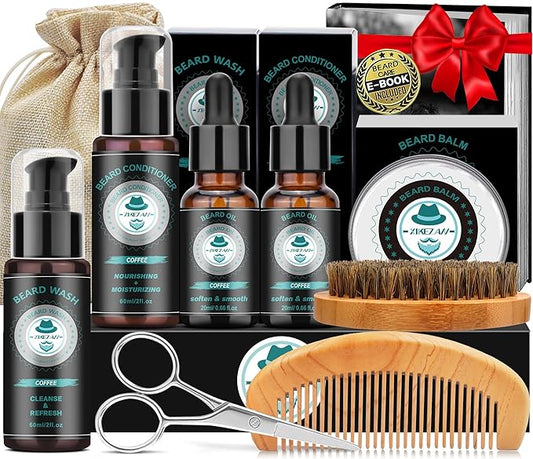 XIKEZAN Beard Care & Grooming Sets w/2 Pack Beard Oils, Conditioner, Wash, Balm, Wash, Scissors, Brush, Comb, Stocking Stuffers for Men Him Valentines Fathers Gifts for Dad,Christmas Gifts