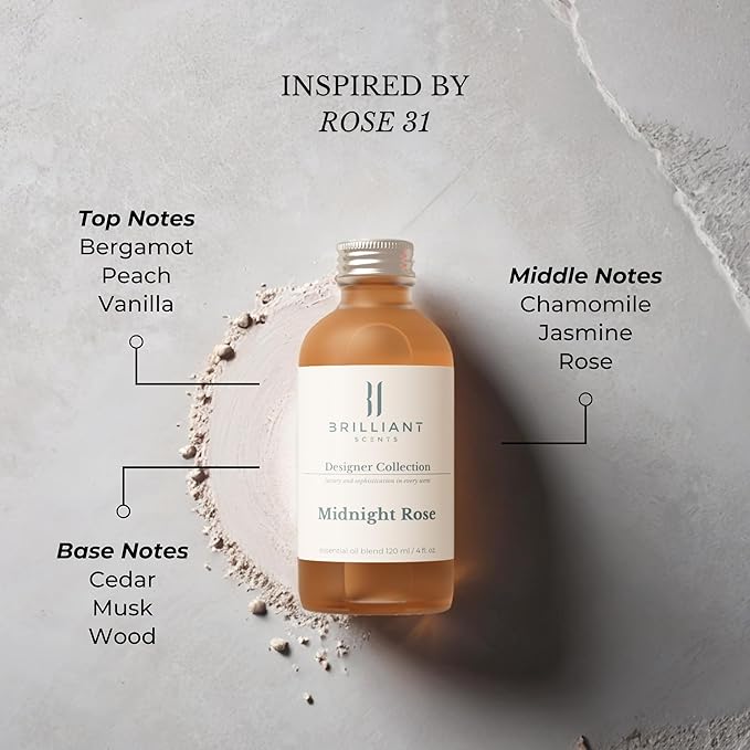 Brilliant Scents Diffuser Oil Refill, Inspired by Rose 31 Designer Collection Aroma Scents, Essential Oils Set for Home, Fragrance Oil for Candle Making, Hotel, 50ML, Midnight Rose