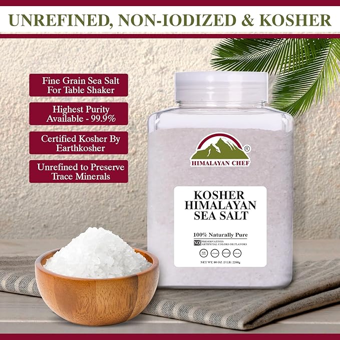 Himalayan Chef Kosher Sea Salt – Full Flavor, No Additives, unrefined and Less Sodium - Natural and Organic - 5 Pound Plastic Jar, Kosher & Non GMO Certified