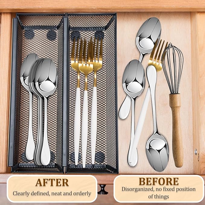 4PCS Drawer Organizer, Mesh Drawer Organizer with Interlocking Arm for Utensil, Cosmetic, Flatware, Pen (9 * 3 * 2 Inches, Black)