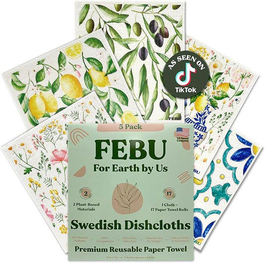 FEBU Swedish Dishcloths for Kitchen | 5 Pack Italian Summer Reusable Paper Towels Washable | Swedish Dish Towels | Non-Scratch Cellulose Sponge Cloths | No Odor, Biodegradable Cleaning Cloths