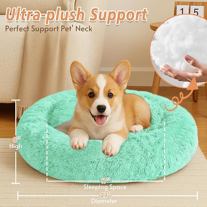 JOLLYVOGUE Small Dog & Cat Beds for Indoor Cats, Donut Cuddler Warming Soft Dog Beds with Anti-Slip Bottom, Round Calming Fluffy Plush Faux Fur Cushion Bed for Medium Dogs (27", Mint Green)