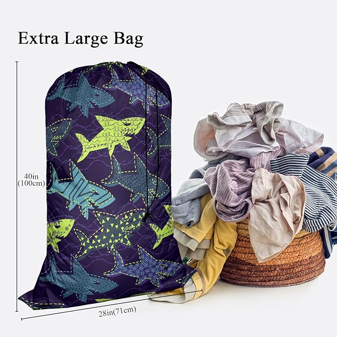 Swono Sharks Laundry Bags 28" x 40", Underwater Sea Life Pattern Versatile - Multi Use, Football Grid Oxford Cloth, Colorful
