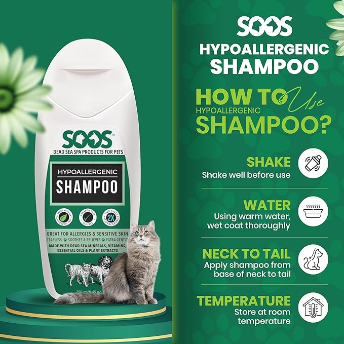 Soos Pet Shampoo Hypoaller-genic Cat and Dog Shampoo Natural Dead Sea Minerals Fast Absorbing Soothes Skin Irritation with Vitamins Essential Oils - 1 Pack (250ml)