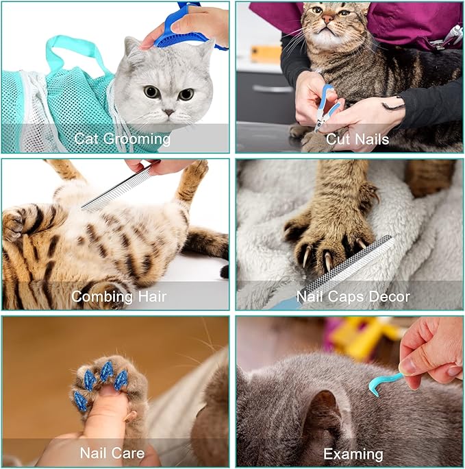 JULMELON Cat Washing Bag 10 PCS Set, Adjustable Cat Shower Net Bag and Pet Grooming Brush with Nail Clipper Nail File Hair Combs Tick Tool Nail Caps for Bathing Nail Trimming Examination（Grey+Green）