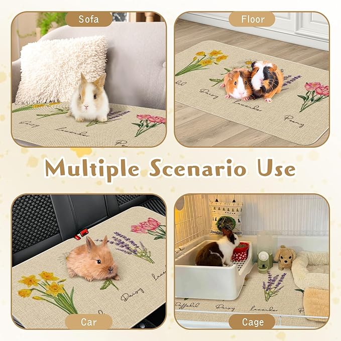 Hamiledyi Guinea Pig Cage Liner 2 Packs Reusable Guinea Pig Pee Pads with Flower Pattern Washable Small Animal Mats for Rabbit Hamster Chinchilla Rat and Other Small Pets (47" L x 16" W)