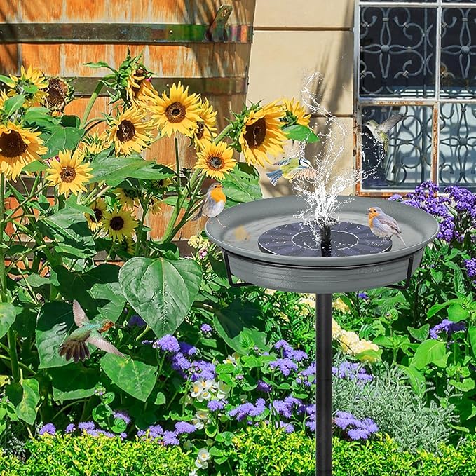 28In Freestanding Birdbaths Bowl Outdoor, Free Standing Garden Bird Bath Bird Feeder Bowl with Metal Stake, Detachable Decoration Spa Birdfeeder for Garden Patio Yard Lawn, 4 Spiky Feet (Grey)