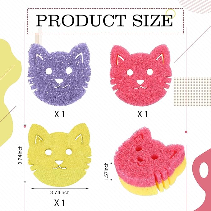 3 Pcs Dual Sided Scrub Sponge Multi Functional Cute Temperature Sensitive Non Scratch Dish Sponge for Washing Dishes Kitchen Bathroom(Cat,Pink, Yellow, Purple)