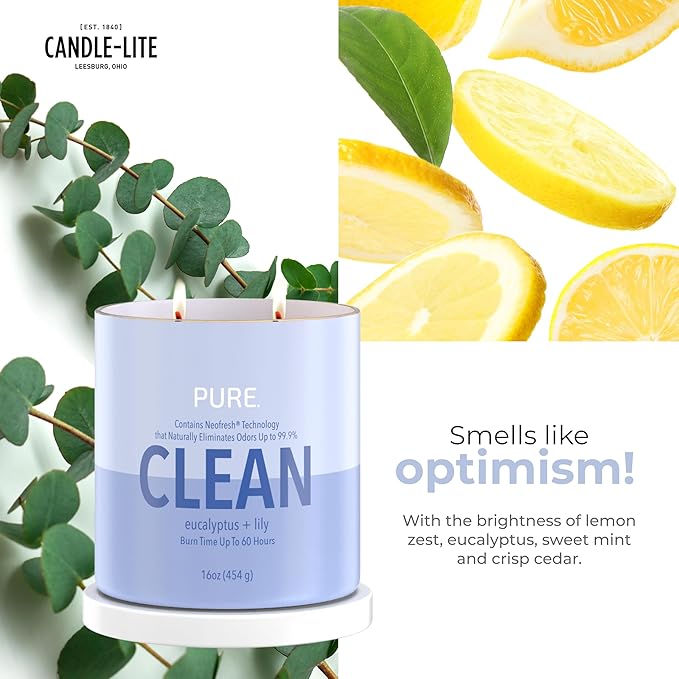 Candle-Lite Pure Eucalyptus & Lily Odor Eliminating Scented Candles, Neofresh Technology Eliminates 99.9% of Odors, 16 oz 2-Wick Jar, Proudly Poured in The USA, Up to 60 Hours Burn Time