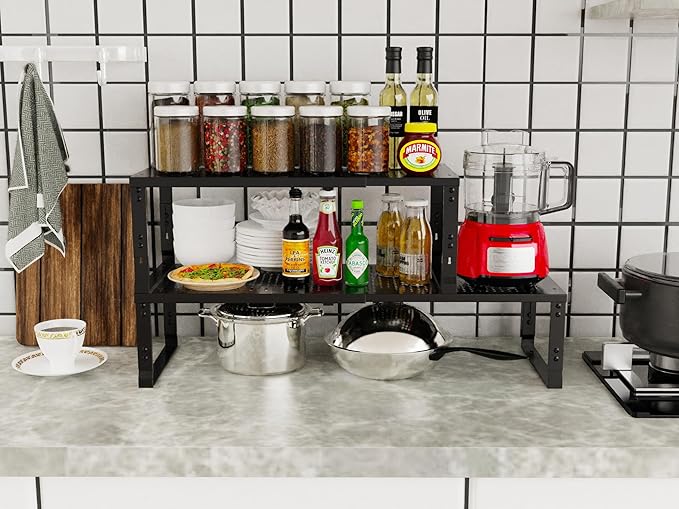Adjustable Expanable Stackable Spice Rack Shelf Pantry Storage Organizer for Kitchen Cabinet,Countertop,Bathroom and More.Space is no Longer Limited(2Packs/Black/Medium)