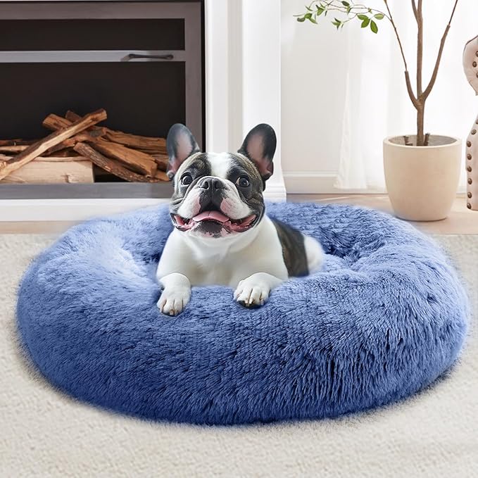 JOLLYVOGUE Small Dog & Cat Beds for Indoor Cats, Donut Cuddler Warming Soft Dog Beds with Anti-Slip Bottom, Round Calming Fluffy Plush Faux Fur Cushion Bed for Small Dogs (23", Navy Blue)