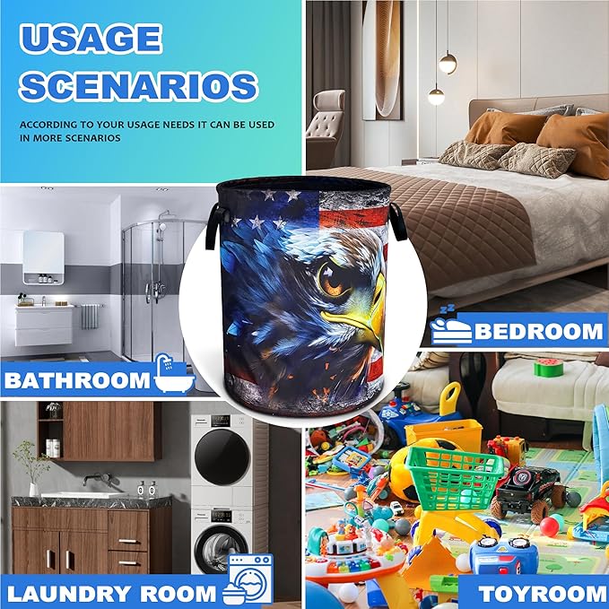 Vintage American Flag Eagle Laundry Basket Patriotic Oxford Cloth Laundry Hamper With Handle Foldable Portable Clothes Storage Basket 18.9 X 16.5 Inch Storage Bag For Laundry Room/Bathroom/Bedroom