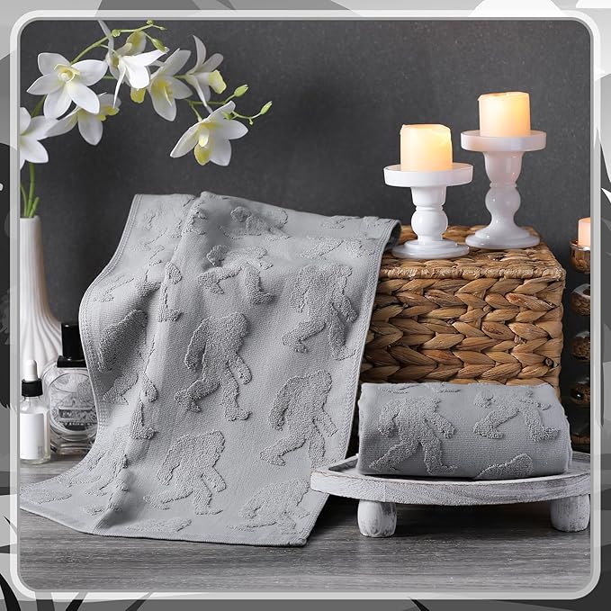 2 Pcs Bigfoot Sasquatch Hand Towels for Bathroom, Gray 100% Cotton Absorbent Jacquard Weave Decorative Towels for Bathroom Kitchen Decor Men Sasquatch Gift, 13.7 x 29.5 Inch