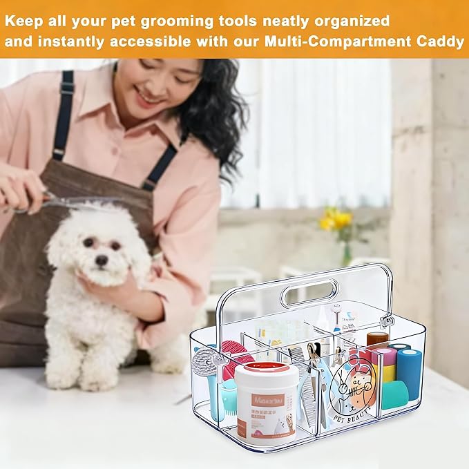 Clear Dog Storage Organizer,Pet Grooming Supplies Organizer with Handle,5 compartments Countertop Caddy, Storage Bin for Dog Cat Grooming Kit,Trimmer,Clipper,Combo,Brush