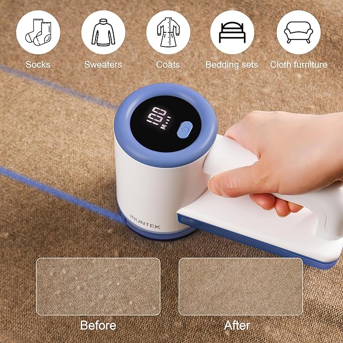 iRUNTEK Rechargeable Fabric Shaver & Lint Remover｜3-Speed Lint Shaver with LED Display & Large Lint Bin｜Sweater Shaver with Type-C Fast Charging｜Removes Fuzz & Pills from Clothes, Furniture - Blue
