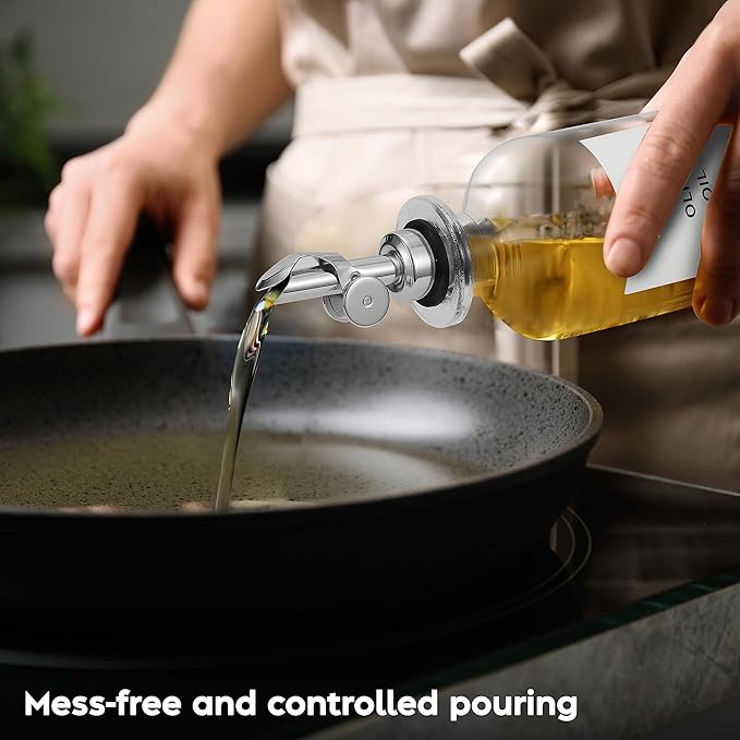 Olive Oil Dispenser Bottle - Includes 55 Kitchen Essential Labels - Cooking Oil Bottles for Kitchen, Coffee Syrup Dispenser - Pourer Spout with 11.8 fl oz Glass Container Cruet - 2pcs Silver