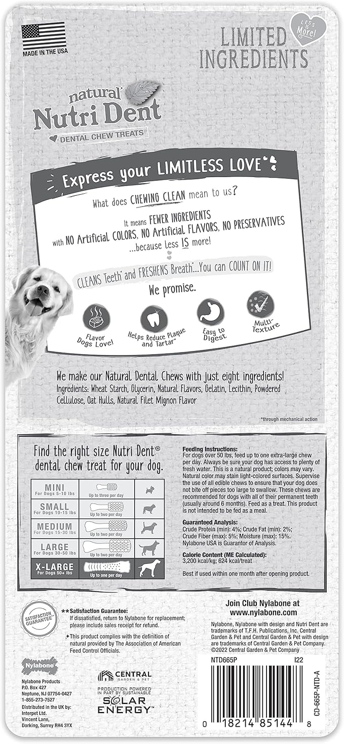 Nylabone Nutri Dent Dog Dental Chews - Natural Dog Teeth Cleaning & Breath Freshener - Dental Treats for Dogs - Filet Mignon Flavor, X-Large (1 Count) (Pack of 2)