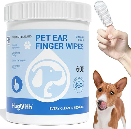 Dog Ear Wipes, Finger Design Pet Ear Cleaner Wipes for Dogs and Cats, Soothing Forest Formula for Itchy Ears, Infection Solution, Gentle Yeast Remover and Puppy Ear Wash Wipes, 60ct