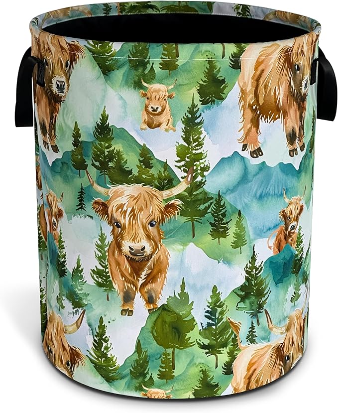 Highland Cattle Laundry Basket Grassland Oxford Cloth Laundry Hamper With Handle Foldable Portable Clothes Storage Basket 18.9 X 16.5 In Storage Bag For Laundry Room/Bathroom/Bedroom/Dormitories