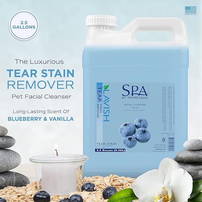 TropiClean SPA Tear Stain Remover for Dogs | Blueberry Facial Shampoo| Odor Eliminator | Tearless | Whitening and Brightening | Made in USA | 2.5 Gallon