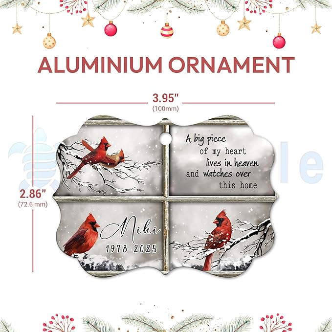 HYTURTLE Personalized Memorial Sympathy Christmas Ornament Tree Decor Gifts for Family Loss of Loved One Mom Dad - Cardinal Piece of Heart in Heaven Custom Name Aluminium Ornament