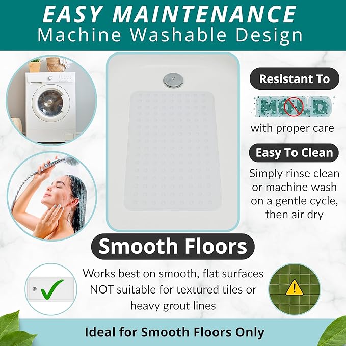 ENKOSI Non Slip Shower Mat – Bath Mat for Tub and Shower Floors – Anti Slip Bathtub Mat with Strong Suction Cup Grip – Soft, White Bathroom Mat for Inside Baths and Showers (28x16 Clear)