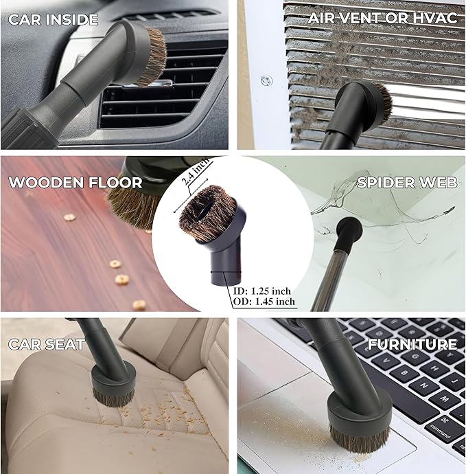 1.25 Inch Vacuum Brush Attachment Kit Compatible with All Vacuums Using 1-1/4'' Accessories - 1.25 Inch Shop Vac Accessories: Horse Hair Dust Brush, Vacuum Extension Wand and More (10 Pack)