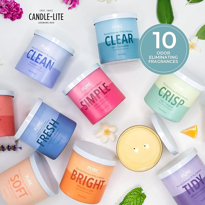 Candle-Lite Pure Rain & Blonde Woods Odor Eliminating Scented Candles, Neofresh Technology Eliminates 99.9% of Odors, 16 oz 2-Wick Jar, Proudly Poured in The USA, Up to 60 Hours Burn Time
