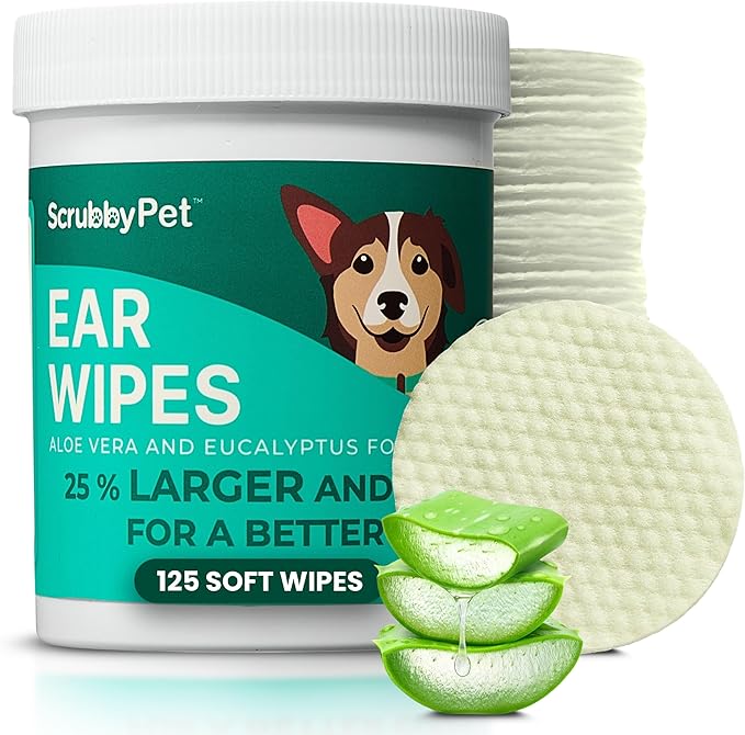 Dog Ear Wipes for Dogs | Extra Thick with Aloe Vera & Eucalyptus | 125 Count | Hypoallergenic Ear Cleaner for Dogs with Pearl Texture for Deeper Clean | Scrubby Pet