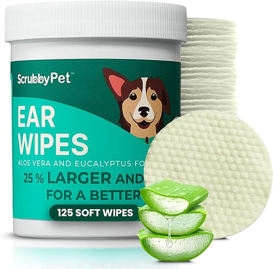 Dog Ear Wipes for Dogs | Extra Thick with Aloe Vera & Eucalyptus | 125 Count | Hypoallergenic Ear Cleaner for Dogs with Pearl Texture for Deeper Clean | Scrubby Pet