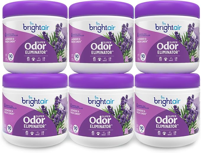 Bright Air 14 oz. Super Odor Eliminator, For Medium-Size Spaces, Lavender & Fresh Linen Scent, Case of 6, Odor Eliminator & Air Freshener, Natural Essential Oils, Lasts Up to 90 Days Each