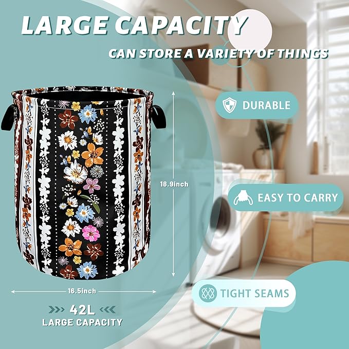 Boho Flowers Laundry Basket Foldable With Handles Universal Tote Bag Oxford Cloth Colorful Laundry Hamper 18.9" x 16.5" Clothes Storage Bucket Toy Organizer For Bathroom/Laundry/Bedroom