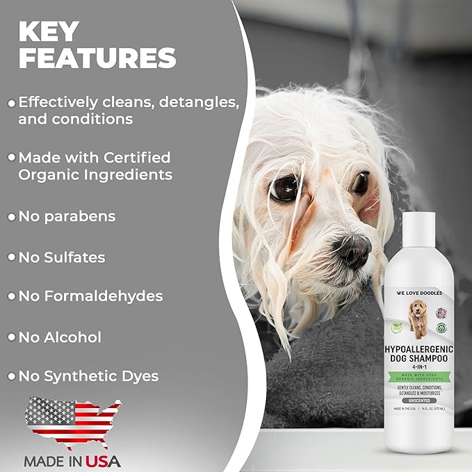 We Love Doodles Hypoallergenic Dog Shampoo, Conditioner & Detangler and Pet Bath Brush - Organic Ingredients, Sensitive Skin & Allergies, Made in USA, Grooming Brush for Shower Scrubbing & Soothing