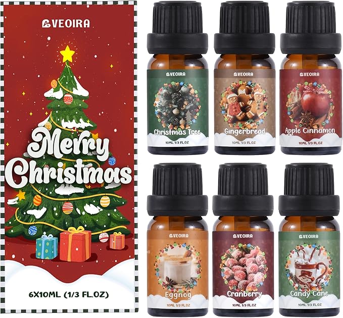Christmas Essential Oils Gift Set, AVEOIRA Winter Fragrance Oil for Diffuser, Candle, Soap Making, Christmas Tree, Apple Cinnamon, Candy Cane, Gingerbread, Cranberry, Eggnog, Scented Oils, 6x10ml