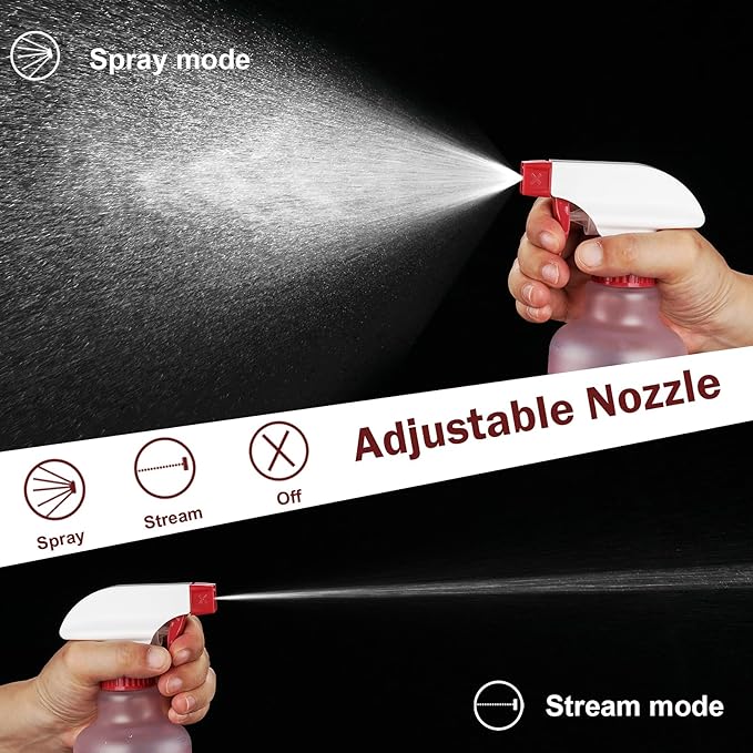 Plastic Spray Bottles 12oz 2 Pack Adjustable Mist/Stream Spraying Heavy Duty Square Water Spray Bottles for Hair, Cleaning Solutions, Plants, Essential Oils (Red)