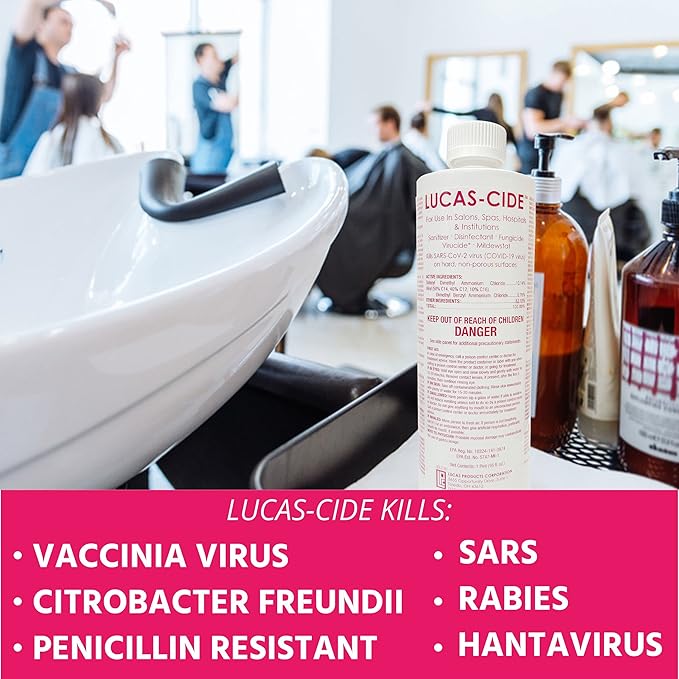 LUCAS-CIDE Salon and Spa Disinfectant Multipurpose Surface Sanitizer, EPA Disinfectant Cleaning Supplies Solution 16 oz (Pint) - Pink
