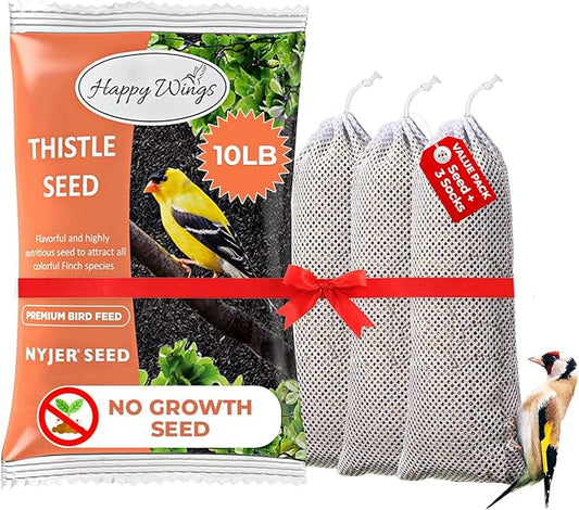 Happy Wings Nyjer/Thistle Seeds with Empty Sock for Wild Bird Food - 10 Pounds I No Grow Seed