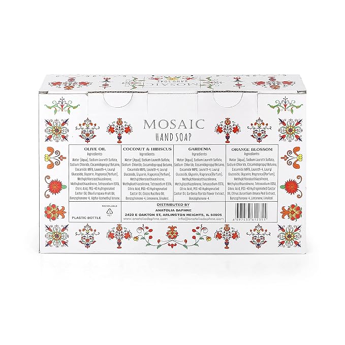 Mosaic Liquid Hand Soap / Wash Gift Set, Ideal Bathroom Kitchen Hand Soap Set , Olive Oil + Coconut & Hibiscus + Gardenia + Orange Blossom, 4 x 24.6 fl oz Each Liquid Soap Bottle