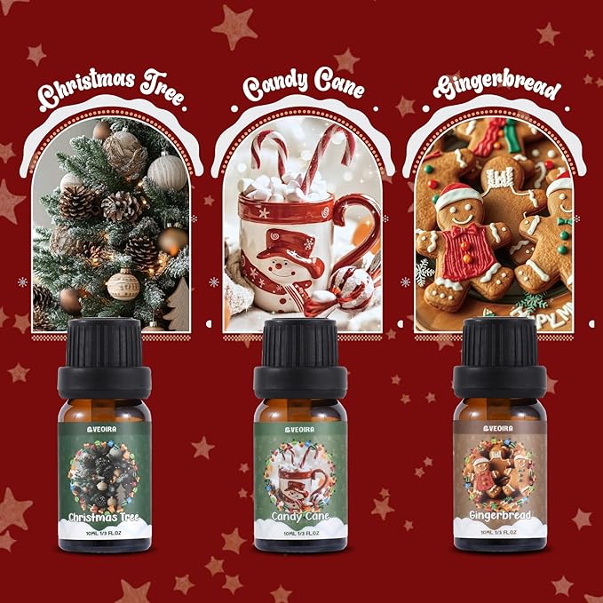 Christmas Essential Oils Gift Set, AVEOIRA Winter Fragrance Oil for Diffuser, Candle, Soap Making, Christmas Tree, Apple Cinnamon, Candy Cane, Gingerbread, Cranberry, Eggnog, Scented Oils, 6x10ml