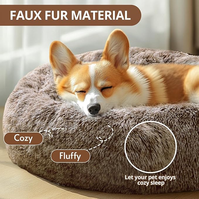 JOLLYVOGUE Small Dog & Cat Beds for Indoor Cats, Donut Cuddler Warming Soft Dog Beds with Anti-Slip Bottom, Round Calming Fluffy Plush Faux Fur Cushion Bed for Medium Dogs (31", Smoke Brown)