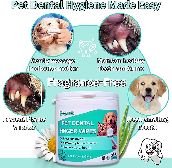 Pet Dental Finger Wipes for Dogs & Cats – Dog Tooth Wipes & Toothbrush Alternative – Easy Teeth Cleaning to Reduce Plaque, Tartar & Bad Breath – Vet-Approved Cat & Dog Oral Care (50 Count)