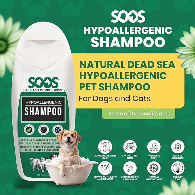 Soos Pet Shampoo Hypoaller-genic Cat and Dog Shampoo Natural Dead Sea Minerals Fast Absorbing Soothes Skin Irritation with Vitamins Essential Oils - 1 Pack (250ml)
