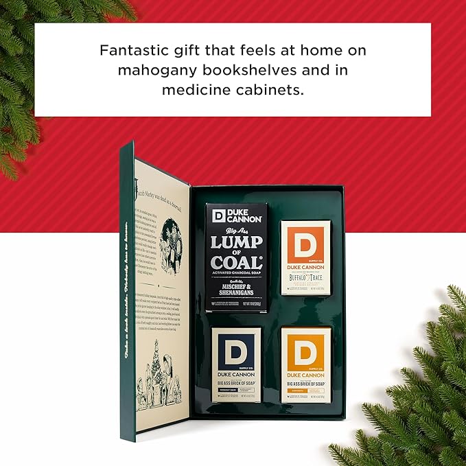 Duke Cannon Men’s Holiday Soap Gift Set – Lump of Coal 10 oz Bar + 3 Junior Bars (American Bourbon, Sawtooth, Midnight Swim) – Christmas Gift, Stocking Stuffer, Grooming Set for Men