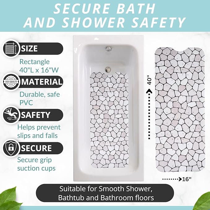 ENKOSI Bath Mat – Large 40 x 16 Inch Non-Slip Bathtub Mat with Secure Suction Cups & Drain Holes – Extra Long Bathroom Shower Mat for Tub with Grey Pebble Design (Grey Pebble 40x16)