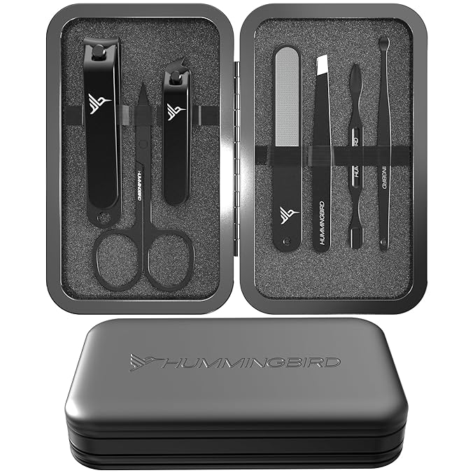 HUMMINGBIRD Manicure Kit for Men, 7 Piece Stainless Steel Mens Nail Grooming Kit with Travel Case, Includes Mens Nail Clippers Set, Nail File, Slant Tip Tweezers, Cuticle Scissors, Nail Care Tools