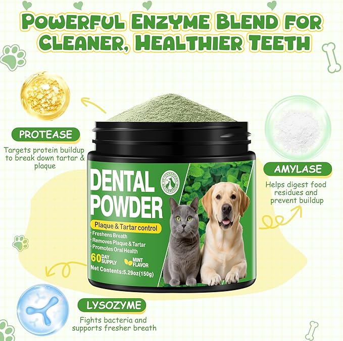 Dog Teeth Cleaning Powder, Dog Dental Powder and Cats Breath Freshener, Plaque Off, Bad Breath & Tartar Remover for Dogs, Dog Teeth Cleaning with Enzymes- 60-Day Supply -Mint Flavor