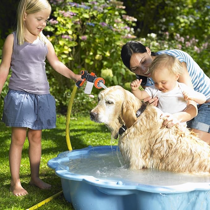 Kamirola Upgrade Dog Washing Hose Attachment,Dog Wash Supplies with 2 type Dog Bath Brush, Dog Comb and Toothbursh, 8 Way Spray Pattern Garden Hose Nozzle with Soap Dispenser, Car Washing Mitt