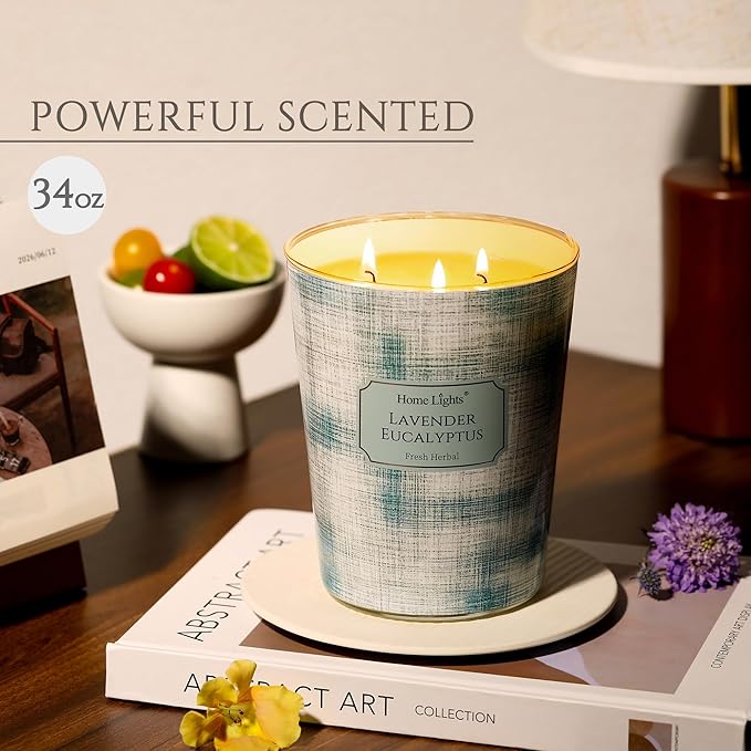 HomeLights 3-Wick Candles for Home Scented - 34oz Soy Wax Blend Candle Long-Lasting Fragrance, Scandinavian Minimalist Design Home Decor and Housewarming Gifts, Lavender Eucalyptus